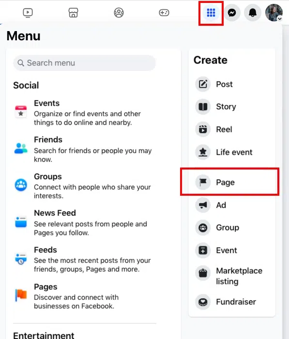 A screenshot of the Facebook menu, highlighting the "Pages" section and the option to "Create Page" under the "Create" column, which is essential for setting up a Facebook Business Page.