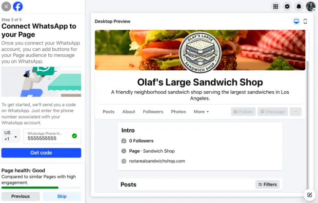 A screenshot of "Step 3 of 5: Connect WhatsApp to your Page" during the Facebook Business Page setup. It shows a field to enter a WhatsApp phone number to receive a code.