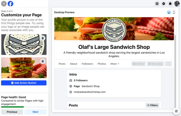 A screenshot of "Step 2 of 5: Customize your Page" for a Facebook Business Page. It shows options to add a profile picture and an action button for "Olaf's Large Sandwich Shop."