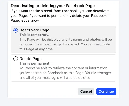 A screenshot showing options to "Deactivate Page" or "Delete Page" for a Facebook Business Page