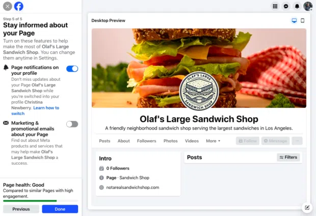 A screenshot of "Step 5 of 5: Stay informed about your Page" during the Facebook Business Page setup. It shows toggles for "Page notifications on your profile" and "Marketing & promotional emails about your Page."