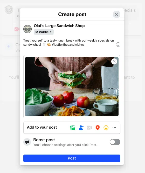 A screenshot of a "Create post" dialogue for "Olaf's Large Sandwich Shop" on a Facebook Business Page, featuring a post about weekly sandwich specials with an image of a sandwich.