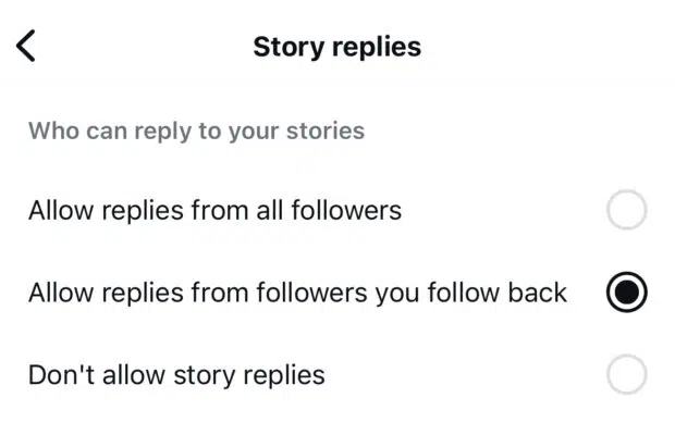 A phone screen displaying "Story replies" settings for Instagram Stories, with options to "Allow replies from all followers," "Allow replies from followers you follow back," or "Don't allow story replies."