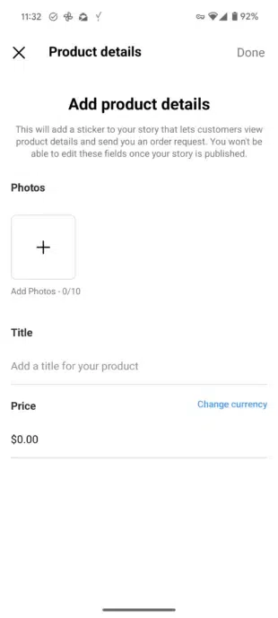 A phone screen displaying "Product details" for Instagram Stories, allowing users to add photos, a title, and price for a product sticker.