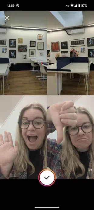 A phone screen displaying an Instagram Story with a "Dual" camera layout, showing a person making a thumbs up and thumbs down gesture in the bottom half and a room with framed pictures in the top half.