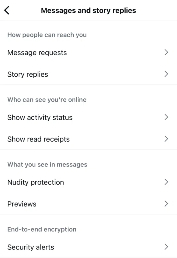 A phone screen displaying "Messages and story replies" settings for Instagram Stories, with options to manage message requests, story replies, activity status, and read receipts.
