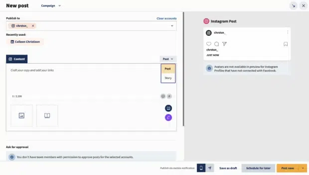 A screenshot of a "New post" interface for Instagram Stories, with options to publish to an account, craft copy, and a preview of an Instagram Post.