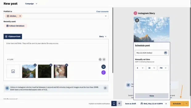A screenshot of a "New post" interface for Instagram Stories, showing options to schedule a post, set the date and time, and a preview of an Instagram Story.
