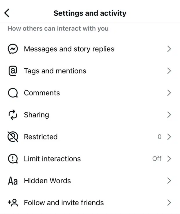 A phone screen displaying Instagram Stories "Settings and activity," with options for "Messages and story replies," "@ Tags and mentions," "Comments," and "Sharing."