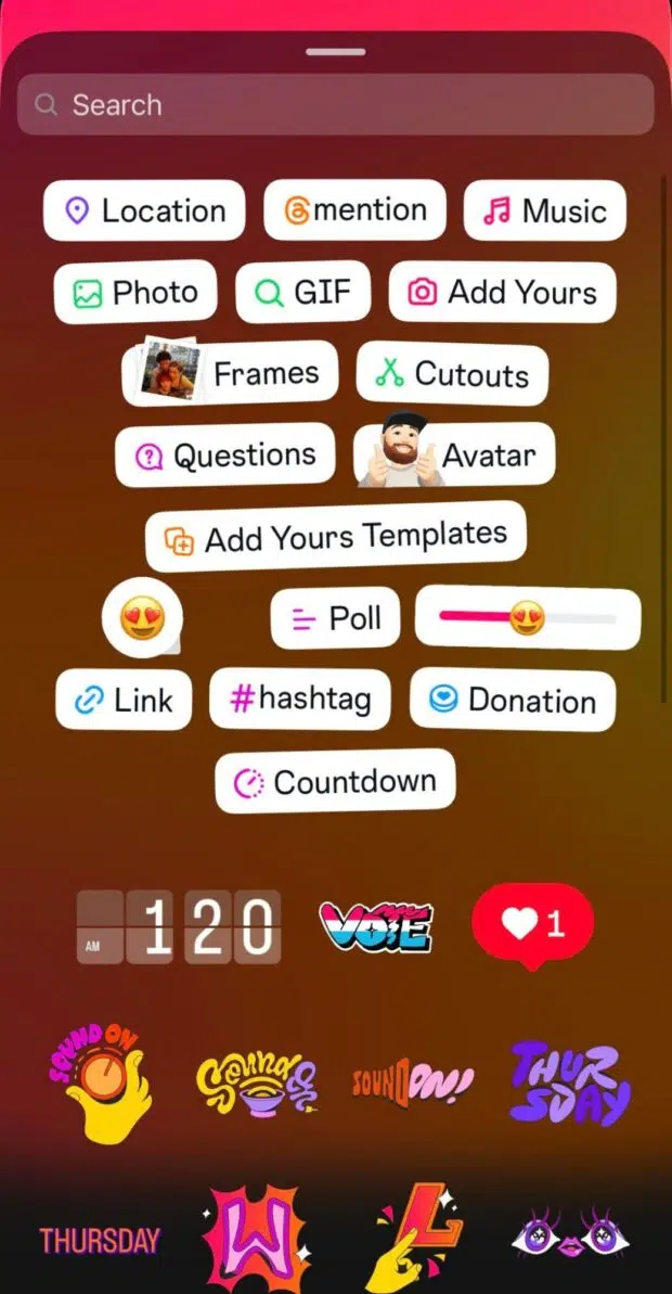 A phone screen displaying a search interface for Instagram Stories stickers, showing options like "Location," "mention," "Music," "Photo," "GIF," "Add Yours," "Frames," "Cutouts," "Questions," "Avatar," "Add Yours Templates," "Poll," "Link," "#hashtag," "Donation," and "Countdown."