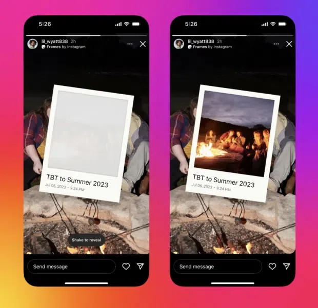 Two phone screens showing an Instagram Story with a "Frames by Instagram" feature. The left screen shows a blurred image with "Shake to reveal," and the right screen shows the revealed image of people around a campfire.