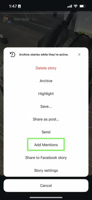 A phone screen displaying Instagram Stories options, including "Delete story," "Archive," "Highlight," "Save," "Share as post," "Add Mentions," and "Share to Facebook story."