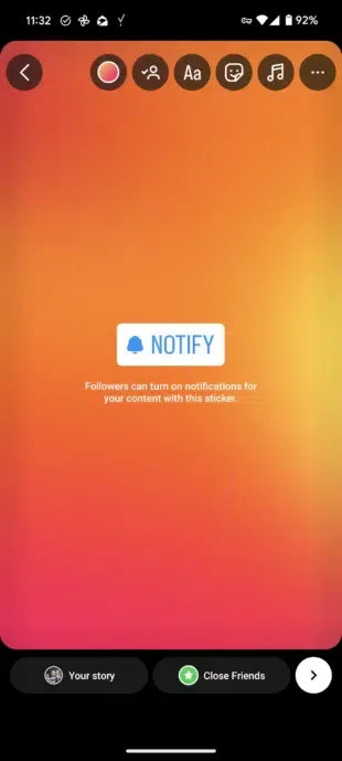 A phone screen displaying an Instagram Story with a "NOTIFY" sticker, indicating that followers can turn on notifications for content.