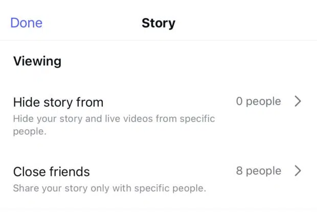 A phone screen displaying Instagram Stories privacy settings, with options to "Hide story from" specific people and share with "Close friends."