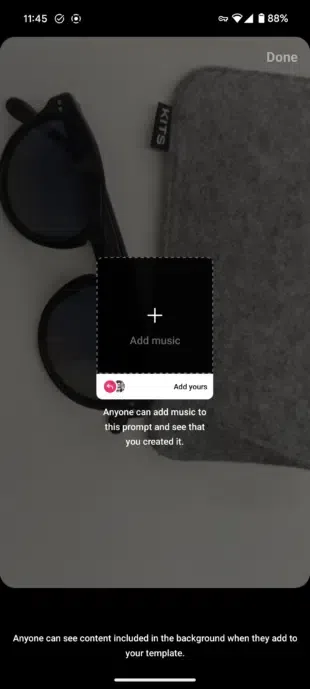 A phone screen showing an Instagram Story interface with an "Add music" sticker, indicating that anyone can add music to the prompt.