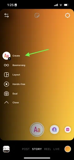 A phone screen displaying the Instagram Stories creation menu, with options like "Create," "Boomerang," "Layout," and "Hands-free."