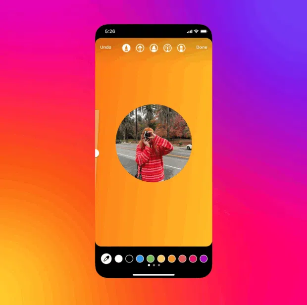 A phone screen displaying an Instagram Story with editing tools at the top and a color palette at the bottom, showing a circular image of a person in the center.