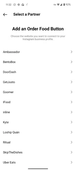 A phone screen displaying the "Add an Order Food Button" feature for Instagram Stories, with a list of partners like DoorDash and Uber Eats to connect to an Instagram business profile.