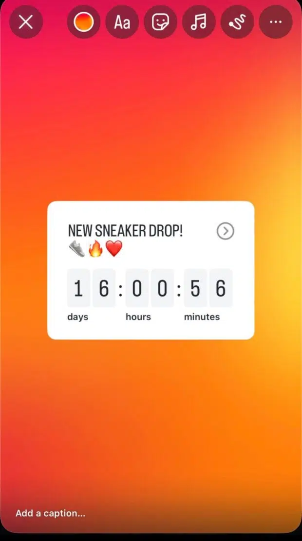 A phone screen displaying an Instagram Story with a "NEW SNEAKER DROP!" countdown sticker, showing days, hours, and minutes remaining.