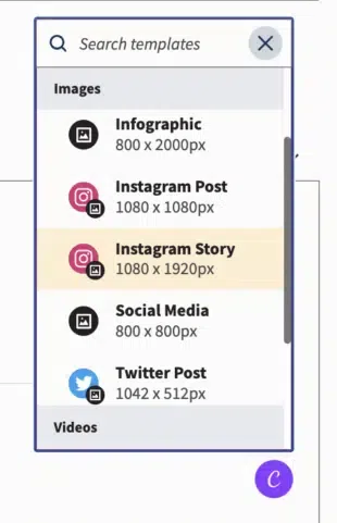 A screenshot of a "Search templates" menu within a design tool, highlighting "Instagram Story 1080x1920px" as a template option.