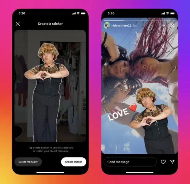 A phone screen showing an Instagram Story with a "Create a sticker" option, where a user is outlined, ready to be turned into a sticker.