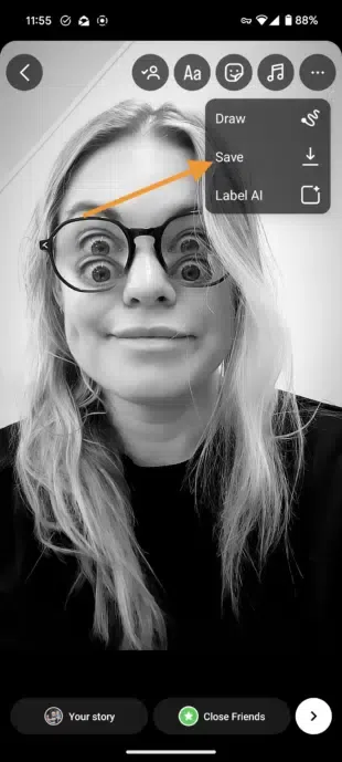 A phone screen displaying an Instagram Story with a person wearing glasses and a distorted face, with options to "Draw," "Save," and "Label AI."