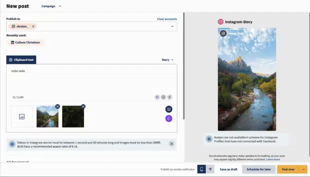 A screenshot of a "New post" interface for Instagram Stories, showing options to publish to an account, add clipboard text, and a preview of an Instagram Story with a landscape image.