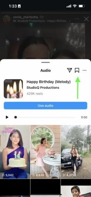 A phone screen displaying an Instagram Story with an "Audio" pop-up, showing "Happy Birthday (Melody) StudioQ Productions" with options to use the audio, save, or share.