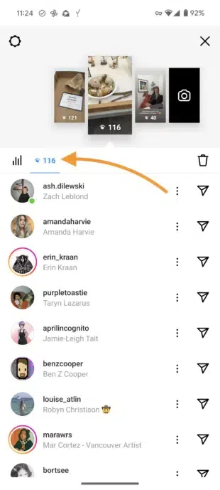 A phone screen displaying Instagram Stories insights, showing the number of viewers (116) and a list of people who have viewed the story.