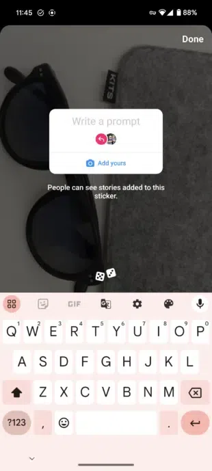 A phone screen showing an Instagram Story interface with a "Write a prompt" sticker, allowing users to add their own content.