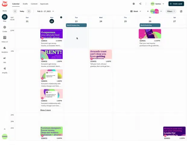A screenshot of a calendar interface for Instagram Stories, showing scheduled posts and content approvals for February 21-27, 2023, with various visual story examples.