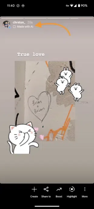 A phone screen displaying an Instagram Story with "True love" written on a wall, "Brian + Brian" in a heart, and cartoon characters, indicating it was "Made with AI."