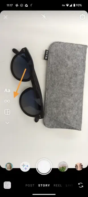 A phone screen displaying an Instagram Story creation screen with sunglasses and a case, with options for "POST," "STORY," "REEL," and "LIVE."