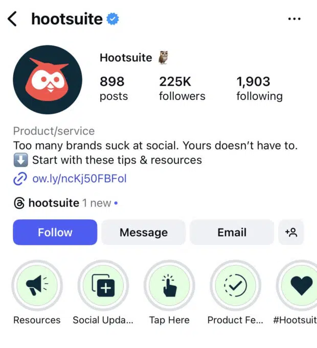 A screenshot of the Hootsuite Instagram profile, showing their posts, followers, following, and a description of their product/service.