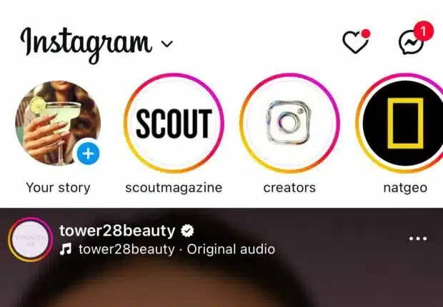 A phone screen displaying the Instagram home feed, showing "Your story" and stories from other accounts like "scoutmagazine," "creators," and "natgeo."