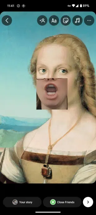 A phone screen displaying an Instagram Story with a classical portrait modified with a modern face cutout, with options for "Your story" and "Close Friends."