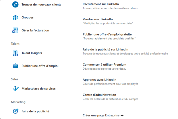 pptions Talents, Sales, Marketing et Créer une page Entreprise