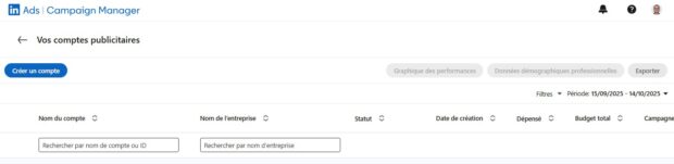 nterface LinkedIn Campaign Manager avec l’onglet Créer un compte