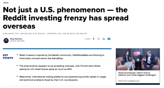 An image showing a news article about the Reddit investing frenzy spreading overseas, highlighting retail investors inspired by r/WallStreetBets flocking to stocks like GameStop and Nokia.