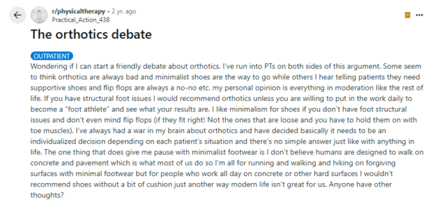 A Reddit post from r/physicaltherapy titled "The orthotics debate" discussing different opinions on orthotics and minimalist shoes, representing a health and wellness trend on Reddit.