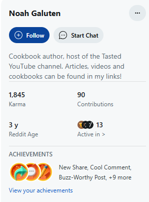 A Reddit user profile for "Noah Galuten" showing karma, contributions, Reddit age, and active communities, illustrating user engagement trends on Reddit.