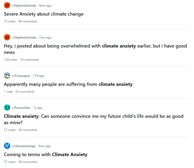 A collection of Reddit posts from various subreddits like r/OptimistsUnite, r/Cowwapse, and r/climatechange, all discussing "Severe Anxiety about climate change" or "Climate anxiety," indicating a significant environmental and mental health trend on Reddit.
