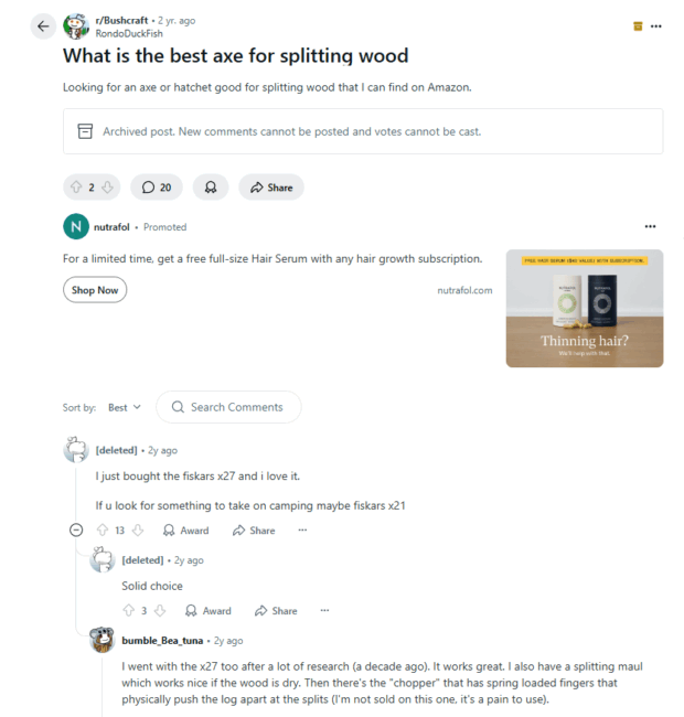 A Reddit post from r/Bushcraft asking "What is the best axe for splitting wood" with comments recommending Fiskars x27 and x21, showcasing a discussion on outdoor gear trends on Reddit.
