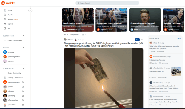 A screenshot of the Reddit interface showing various sections like Home, Popular, Answers BETA, Explore, and custom feeds, along with trending Reddits, recent posts, and communities, reflecting current Reddit trends and community engagement.