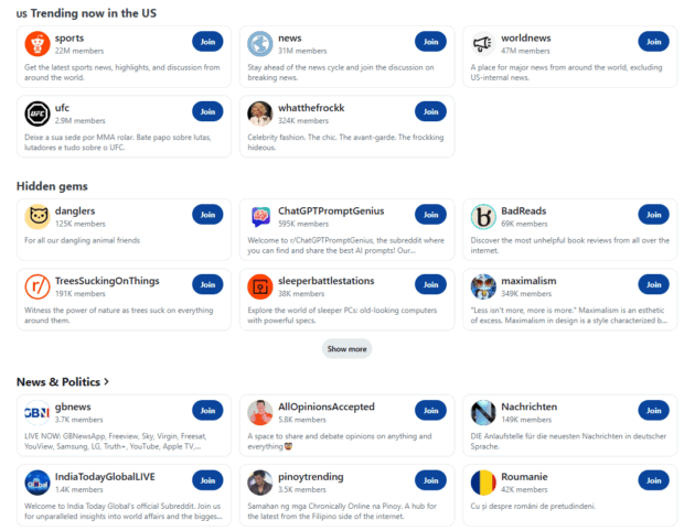 A screenshot of Reddit showing trending topics and communities in the US, including sports, UFC, news, worldnews, and various "hidden gems" subreddits, indicating diverse Reddit trends.