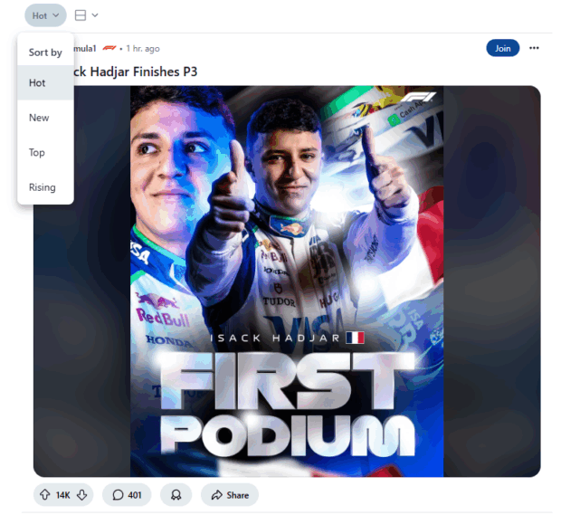A Reddit post with the title "Isack Hadjar Finishes P3" showing a racing-related image and comments, indicating a sports or racing trend on Reddit.