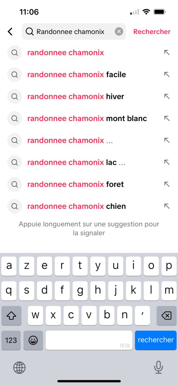 suggestions de TikTok suite à la saisie du mot-clé randonnée Chamonix