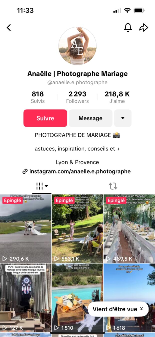profil TikTok d’Anaëlle Photographie Mariage avec une bio claire et pertinente