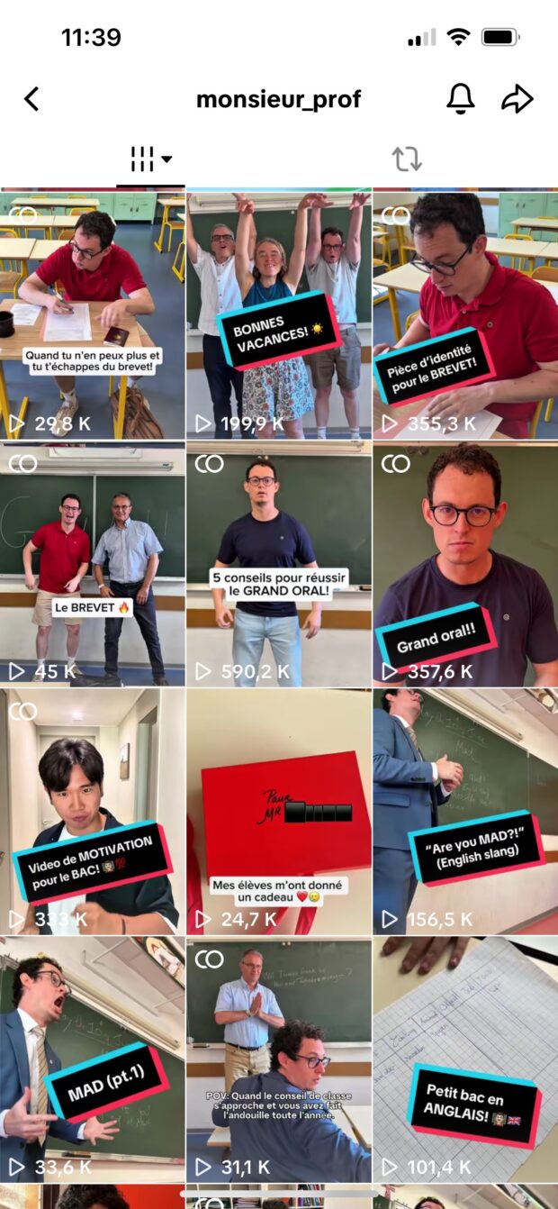 vidéos TikTok de Monsieur Prof avec un titre affiché à chaque fois