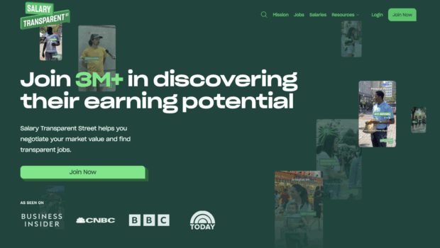 Salary Transparent Street website banner with the headline 'Join 3M+ in discovering their earning potential' against a dark green background.